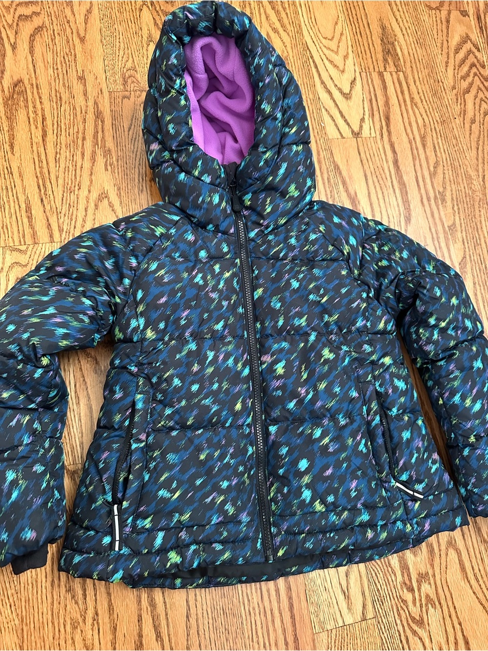 all in motion Black Puffer Jacket with Purple Lining and Multicolor Print -